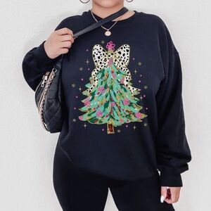 NEW Croquette Christmas Tree Graphic Crew Neck Long Sleeve Sweatshirt